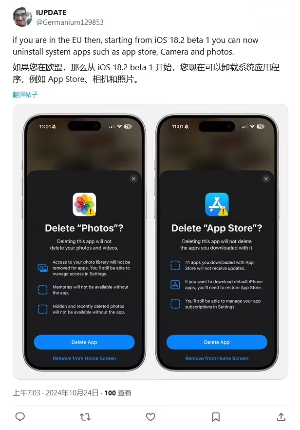 永清苹果手机维修分享iOS 18.2 支持删除 App Store 应用商店 